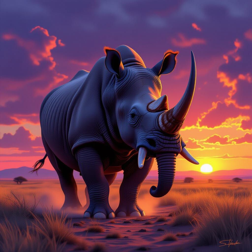 Rhino-Elephant Hybrid in Golden Hour Savanna