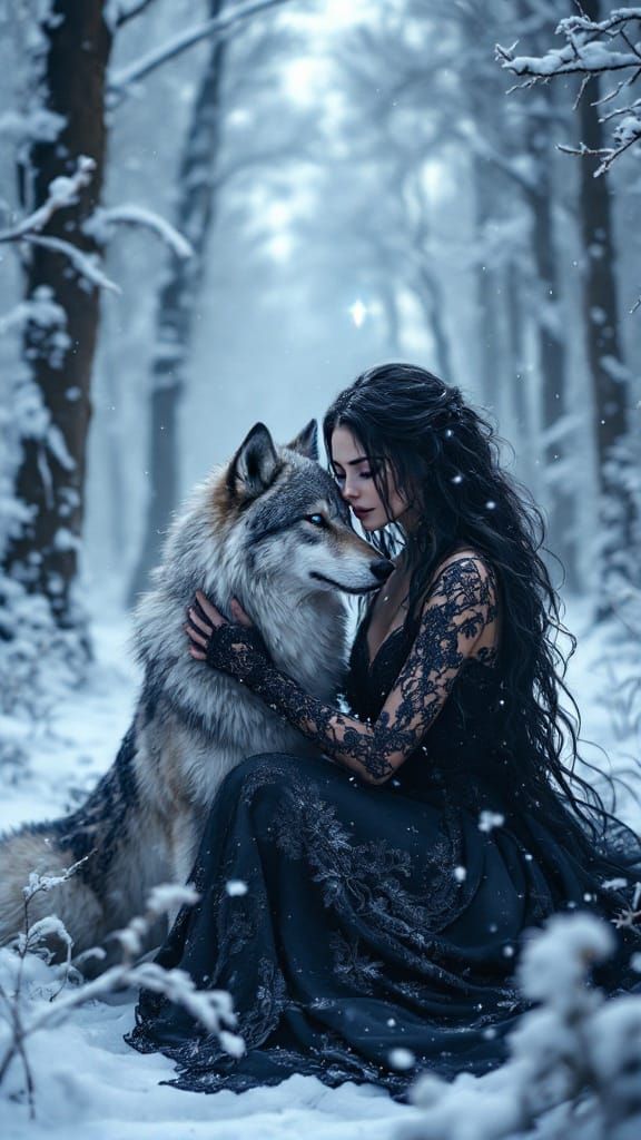 Mystical Winter Spirit in Elegant Black Lace