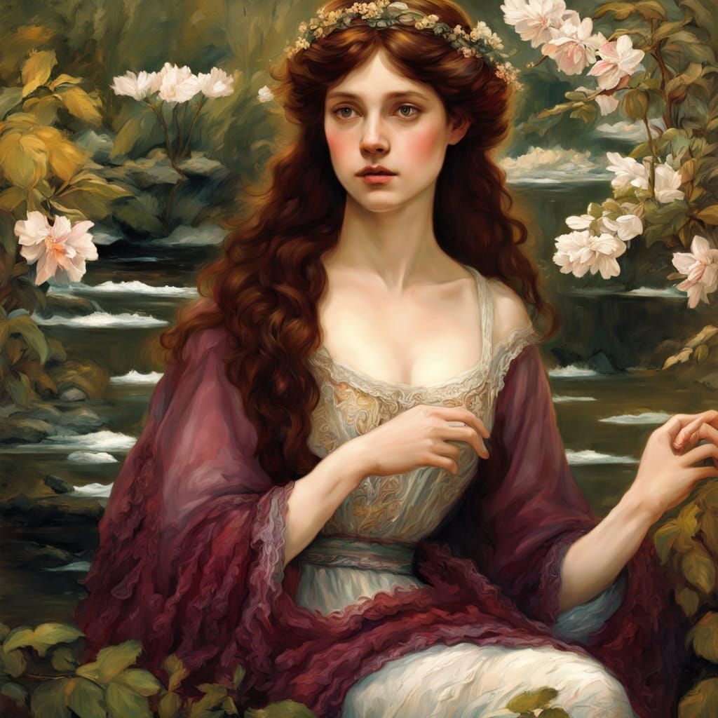 Mysterious Maiden by Riverbank in Pre-Raphaelite Style