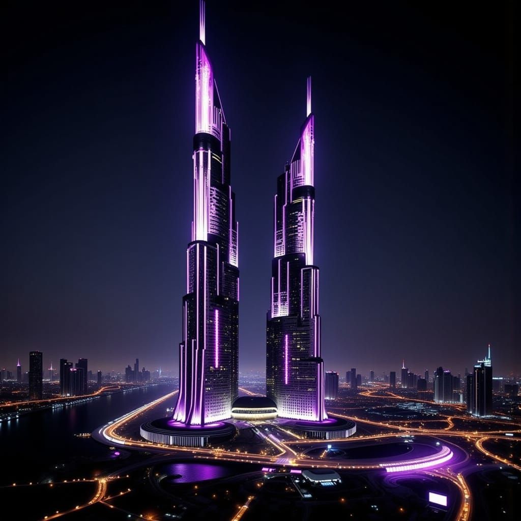 Deira Twin Towers at Dusk in Futuristic Style