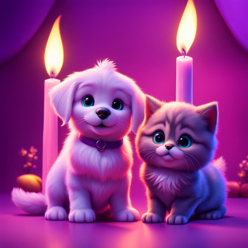 Puppy and Kitten with Purple Candles in 3D