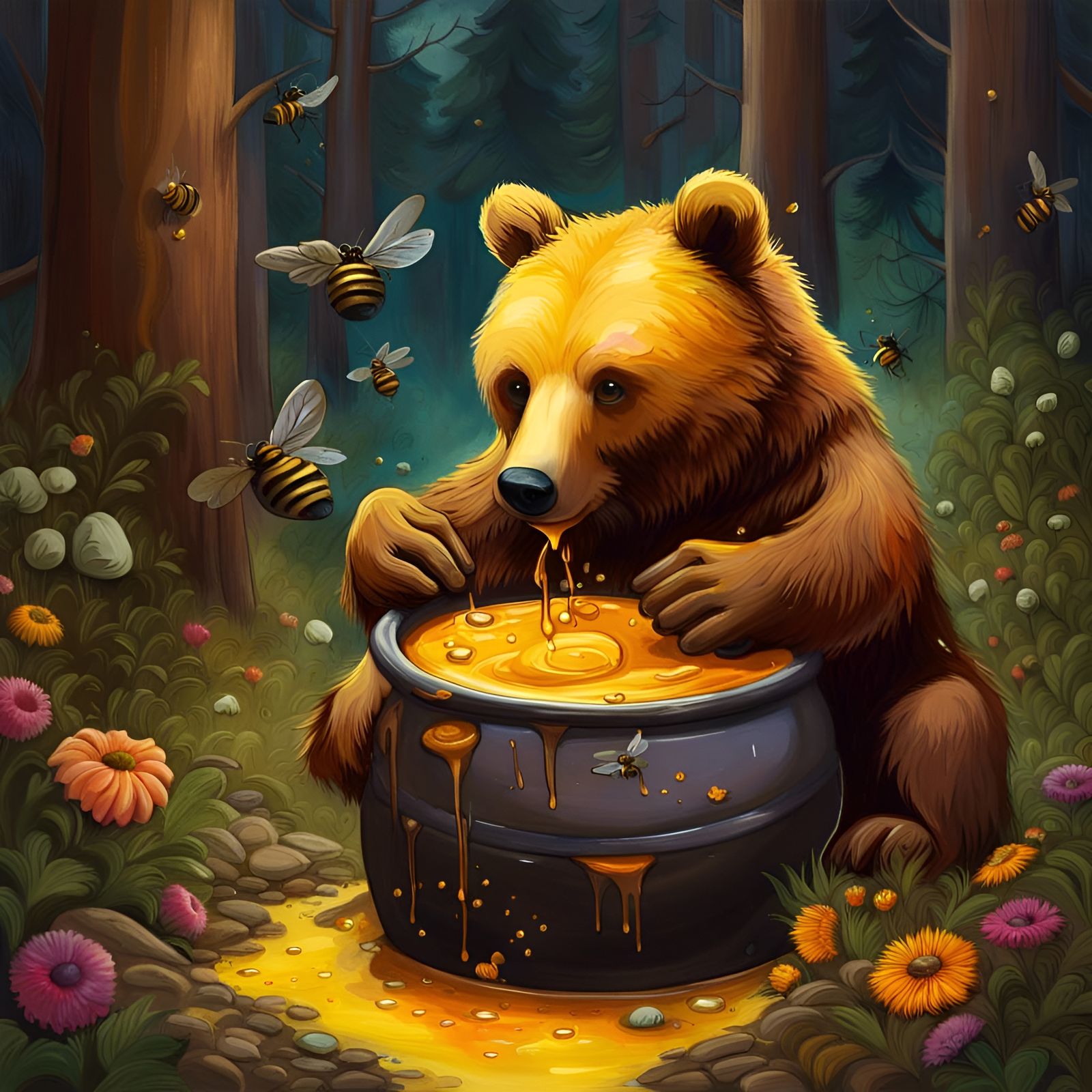 Honey Bear in Forest, Detailed Oil Painting