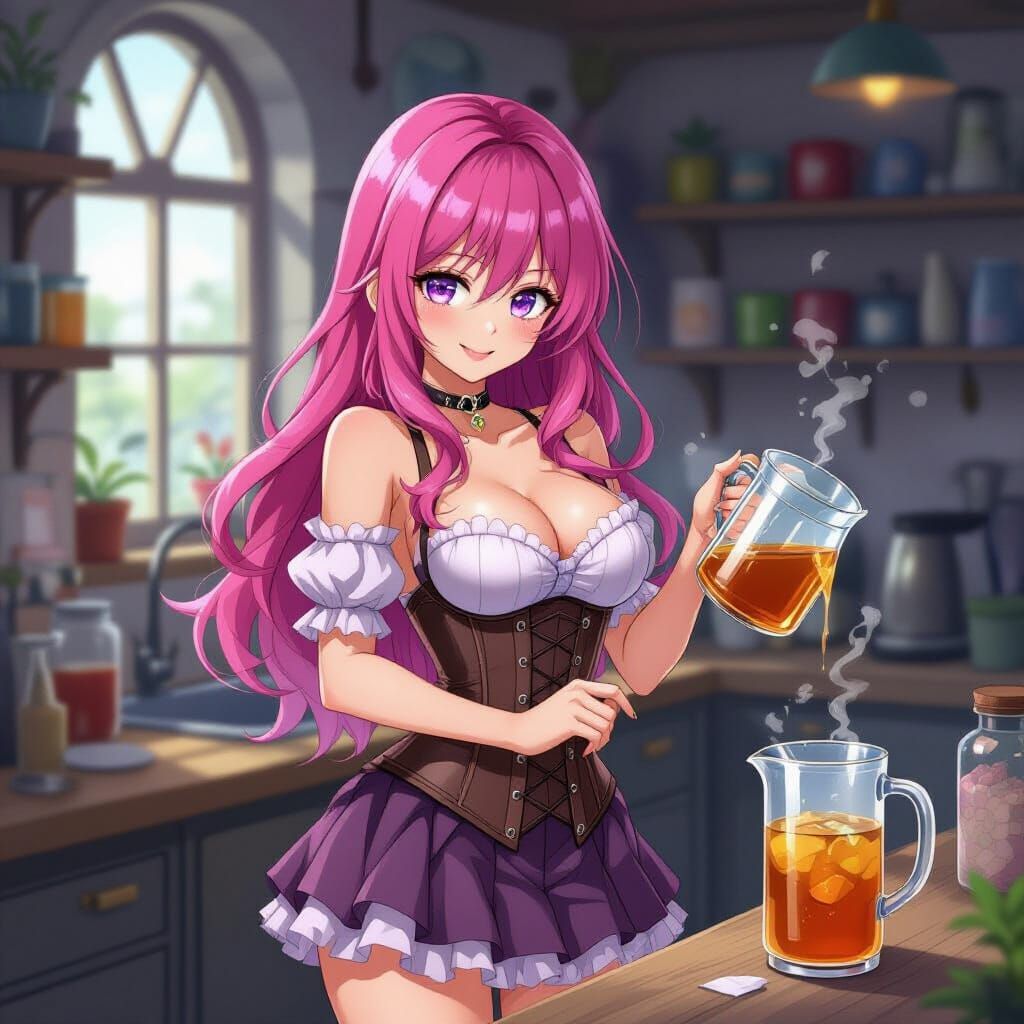 Pink Haired Woman Making Iced Tea in Magical Workshop