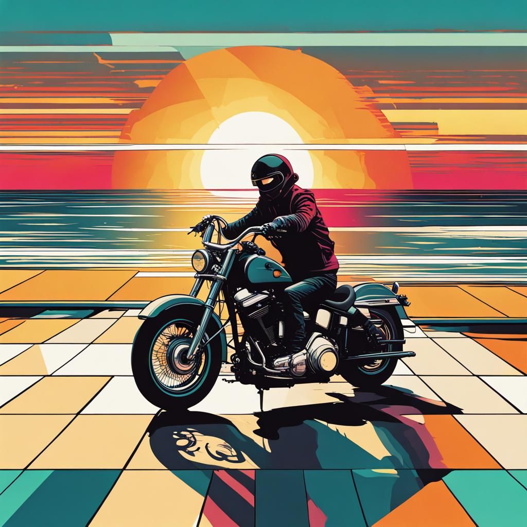 Harley Davidson Rider at Sunset in Pop Art Style
