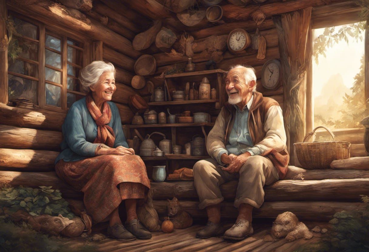 Elderly Couple in Cozy Cabin, Digital Illustration