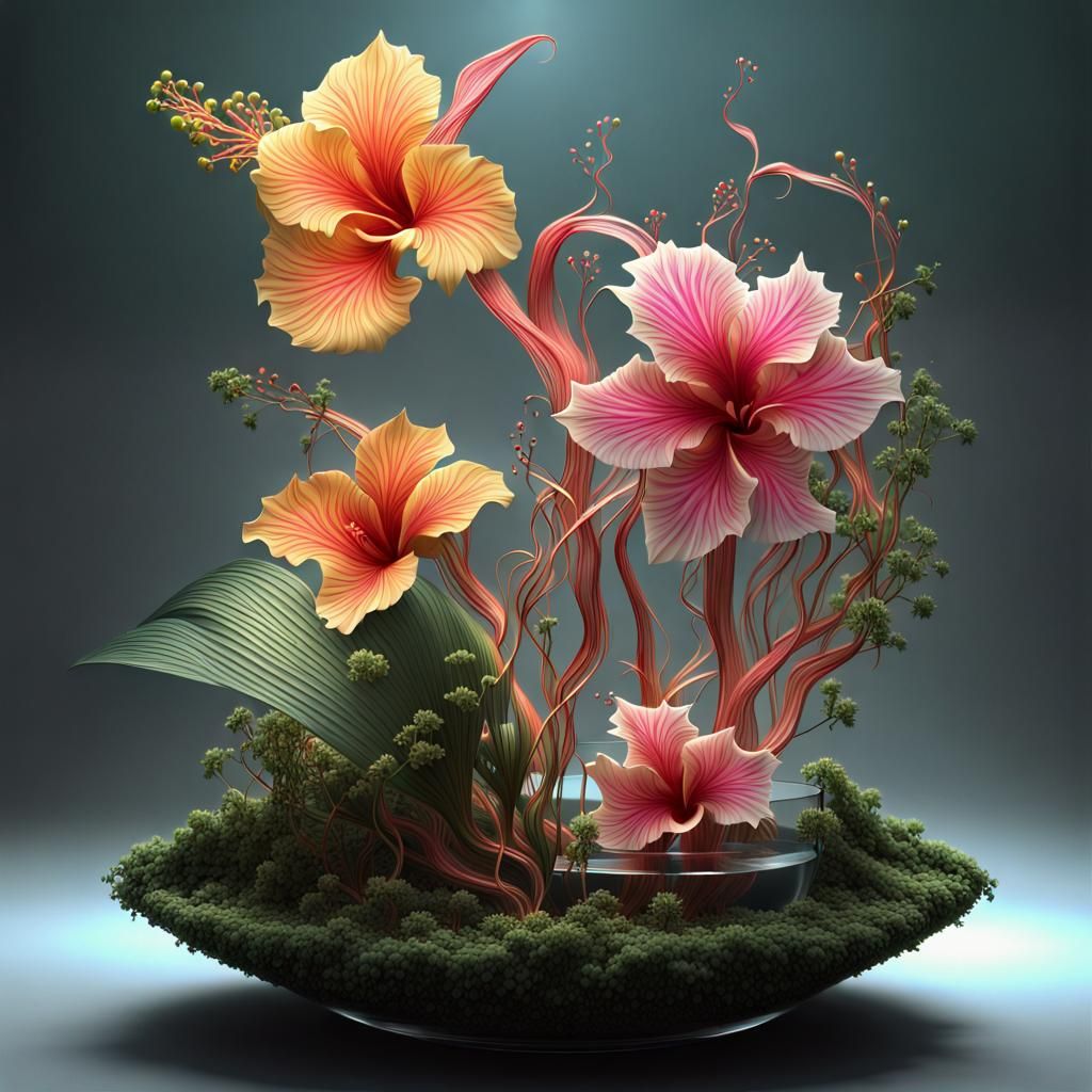 Photorealistic Isometric Ikebana Flower Statue in 4D