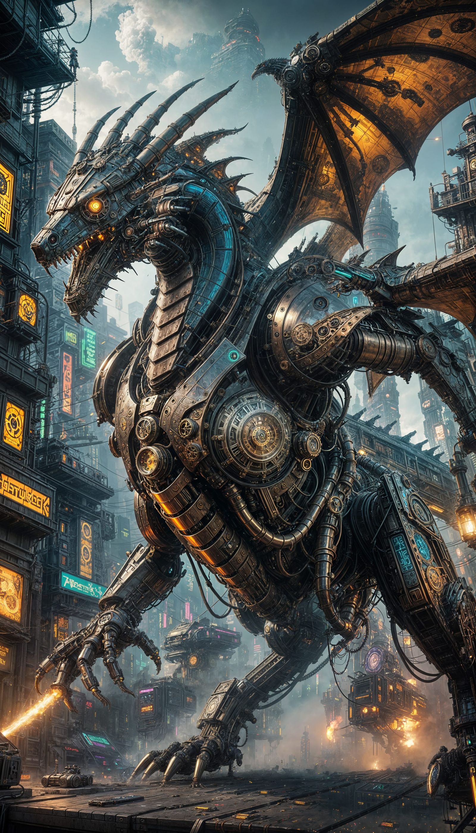 Clockwork Cyberpunk Dragon Spewing Mist