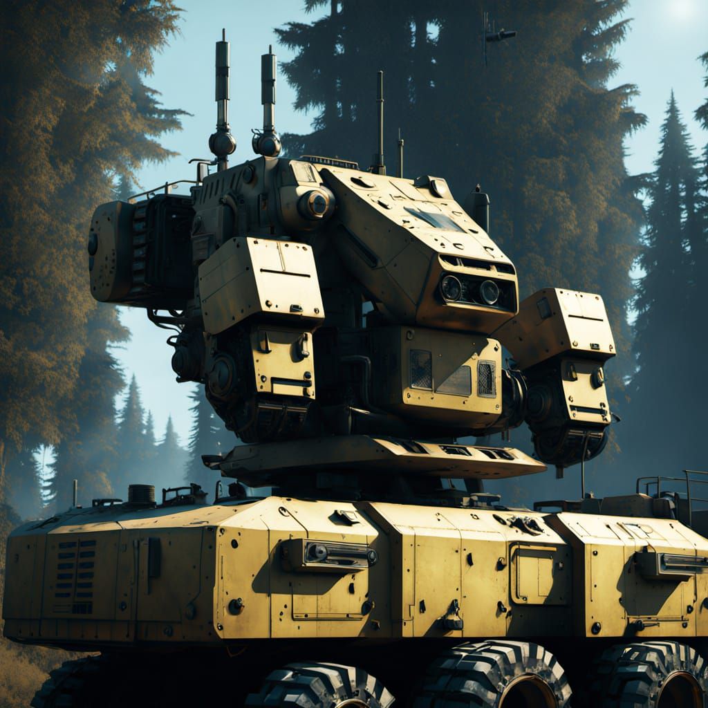 Sci-Fi Mech in Camouflage Paint, Set in a Coniferous Forest ...