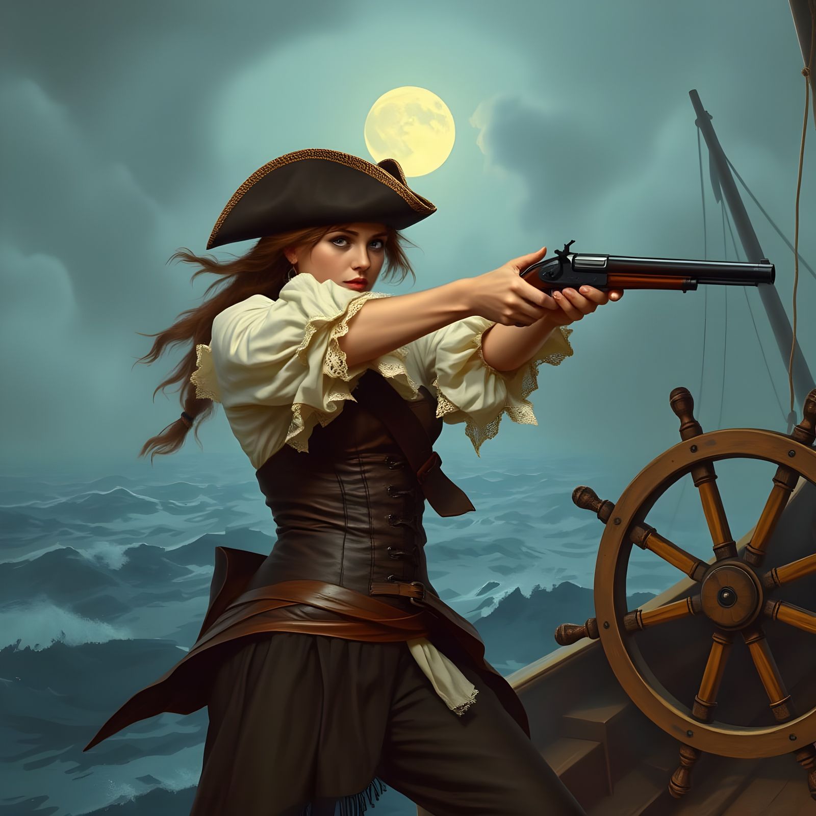 Sensual Pirate Maiden Fires Flintlock Pistol