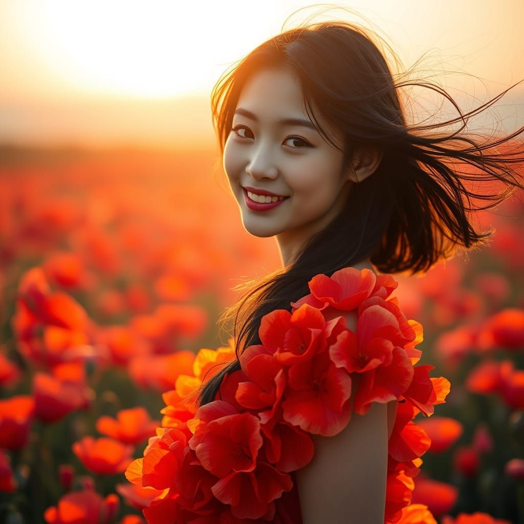Japanese Woman in Poppy Dress in Golden Hour Field
