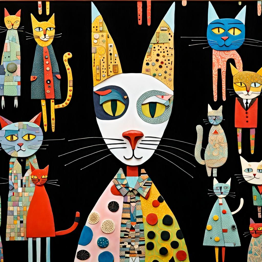 Cats Wearing Clothes in Naive Art Style