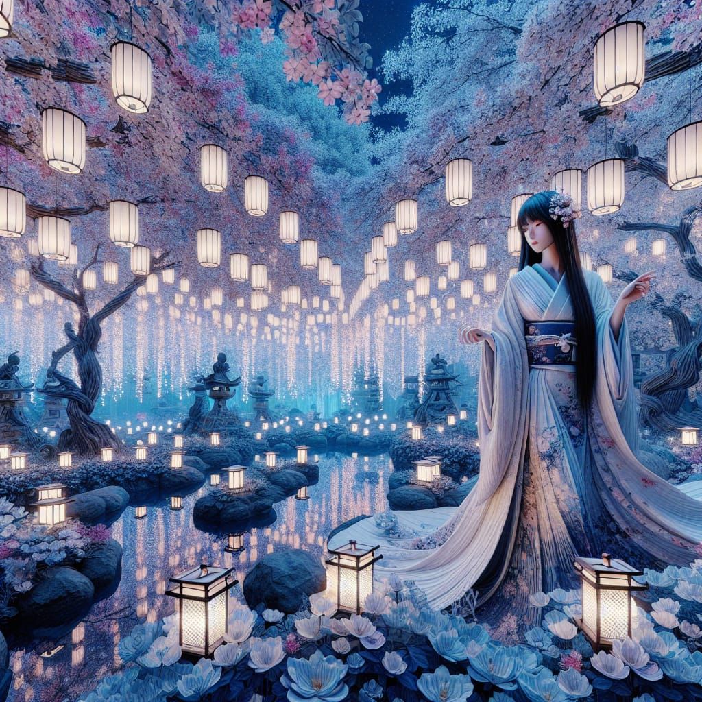 In the Garden of Floating Lanterns is a beautiful woman with...