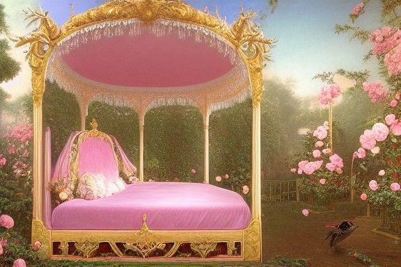 Rococo Canopy Bed in Hedgemaze with Gilded Accents