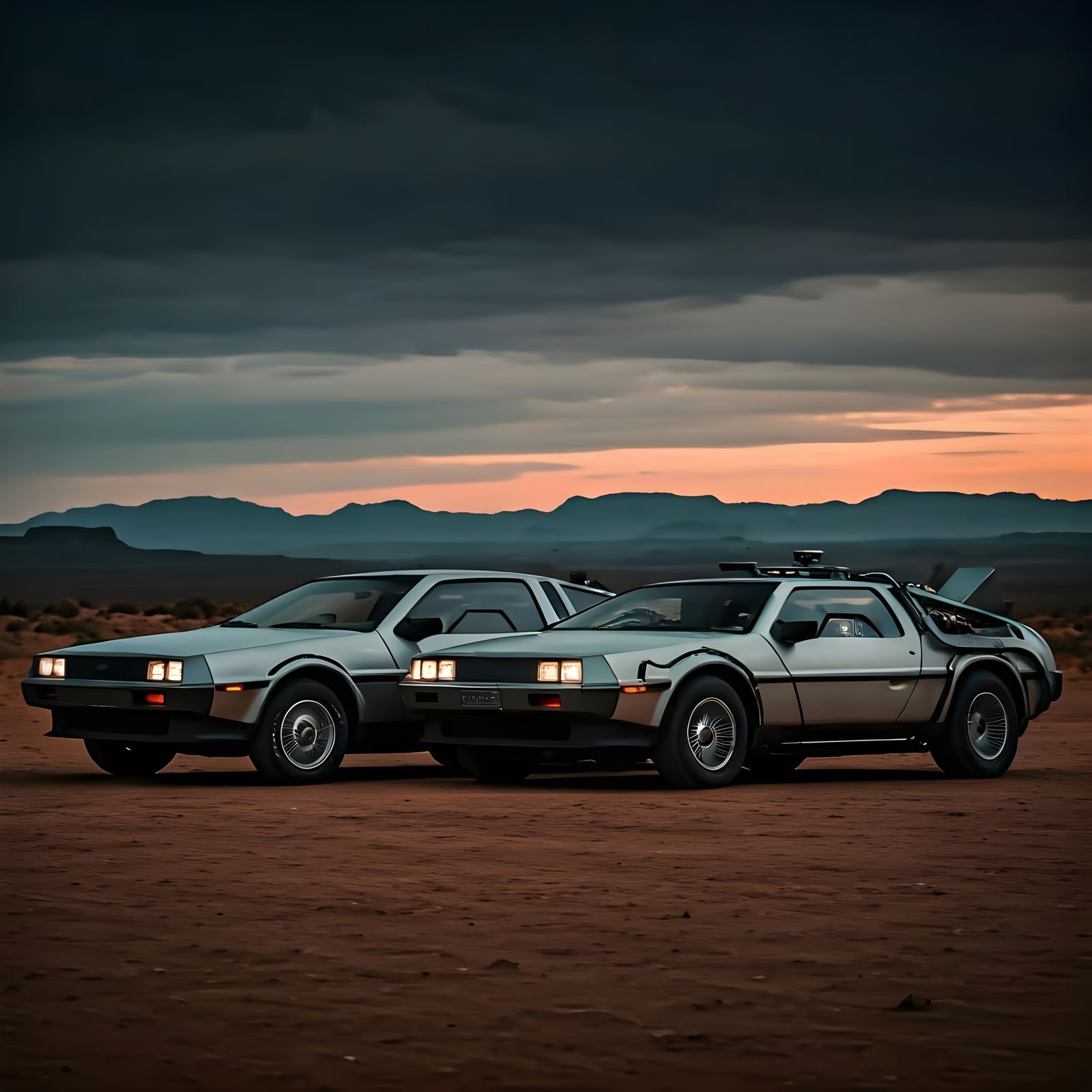 Kitt, General Lee, and DeLorean in Desert Landscape