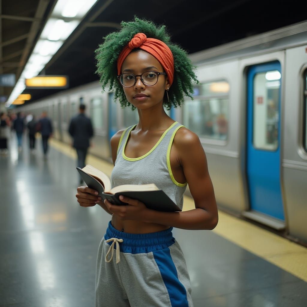 Confident Girl Reading on Subway Platform in Hyper-Realistic...