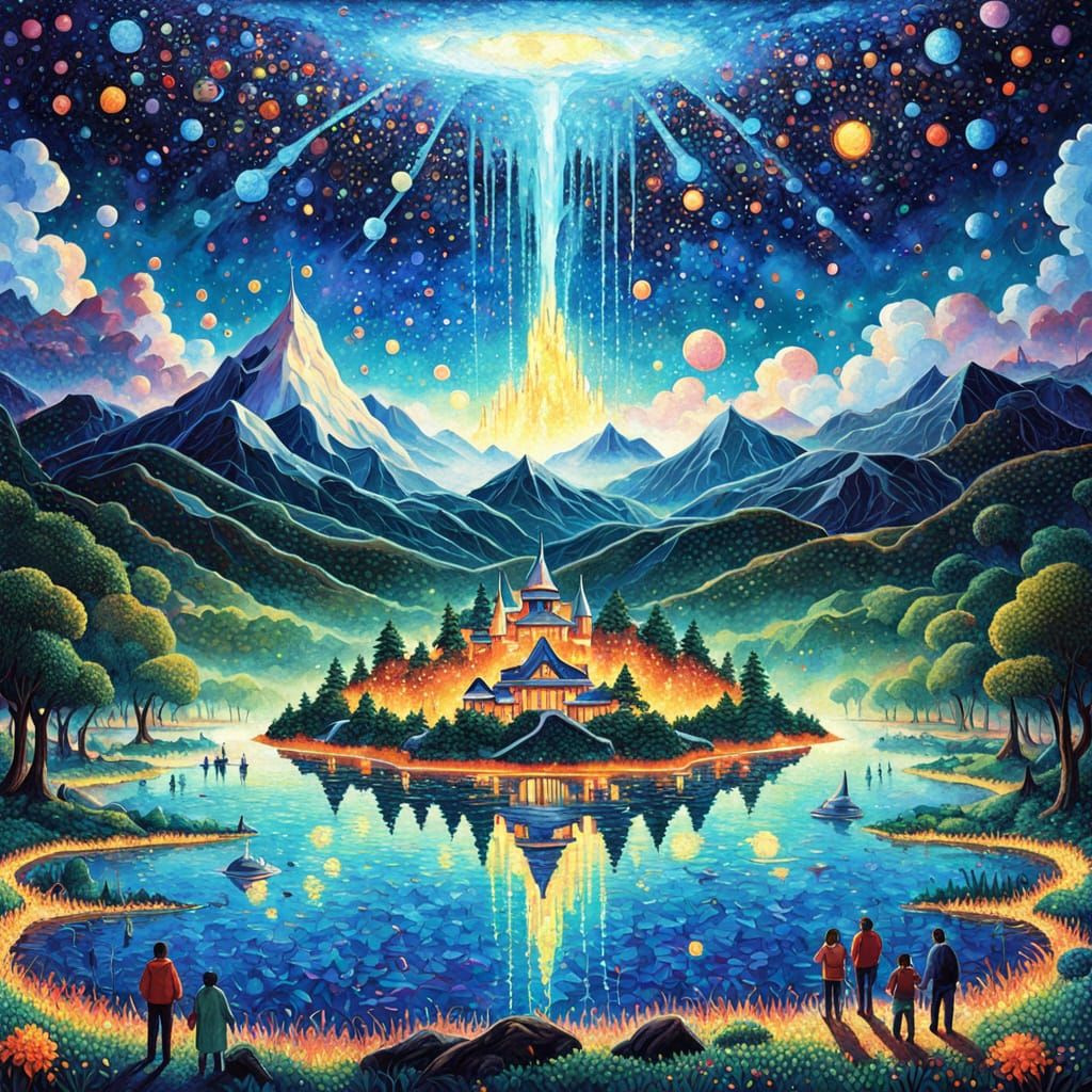 Luminous Floating Island in Vibrant Pointillism