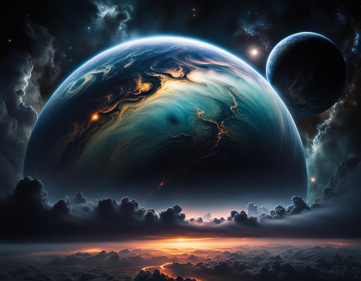 Ominous Foggy Planet in Nebula with Storm Clouds