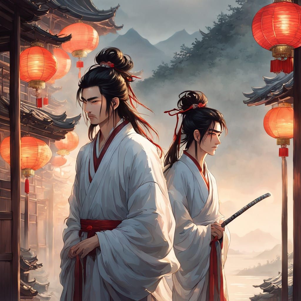 Elegant Asian Gentlemen in Traditional Chinese Village