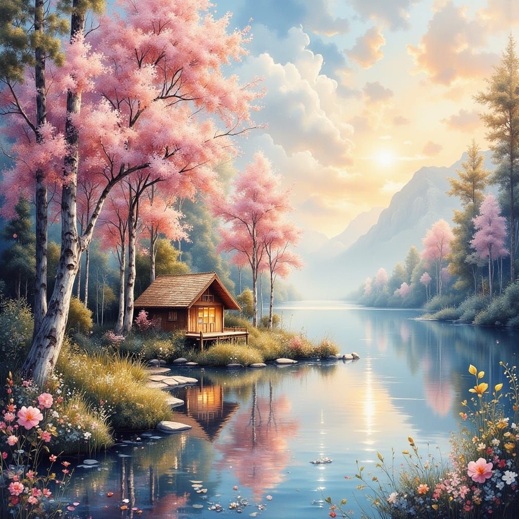 Fantasy Pastel Trees Reflected in Lake, Anime Style