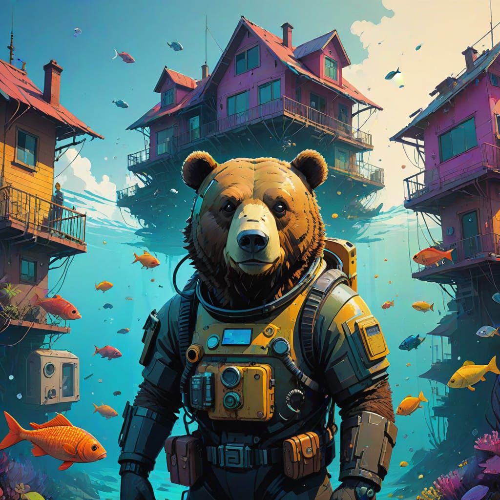 Hyperrealistic Underwater Scene with Futuristic Bear