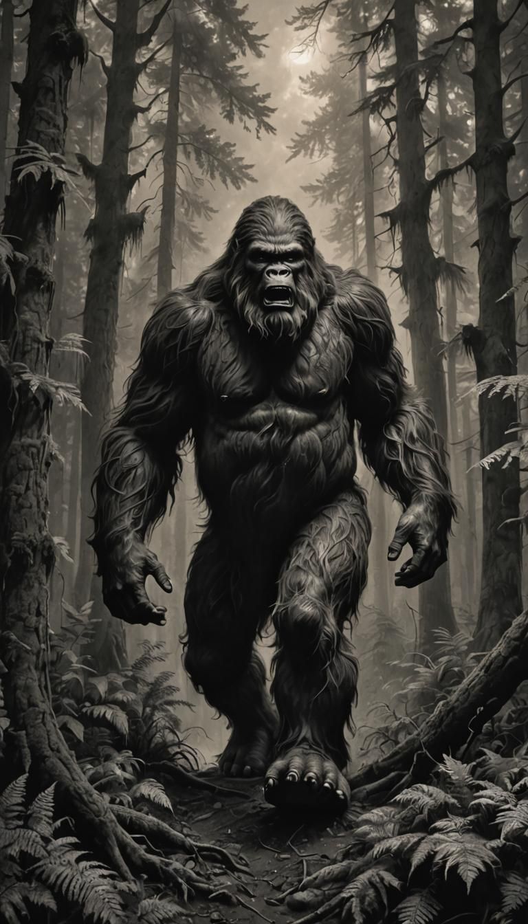 Charcoal drawn depiction of (Sasquatch:1.2) full figure scow...