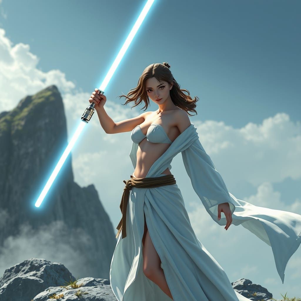 Topless Jedi on Skellig Michael in 3D Anime Style