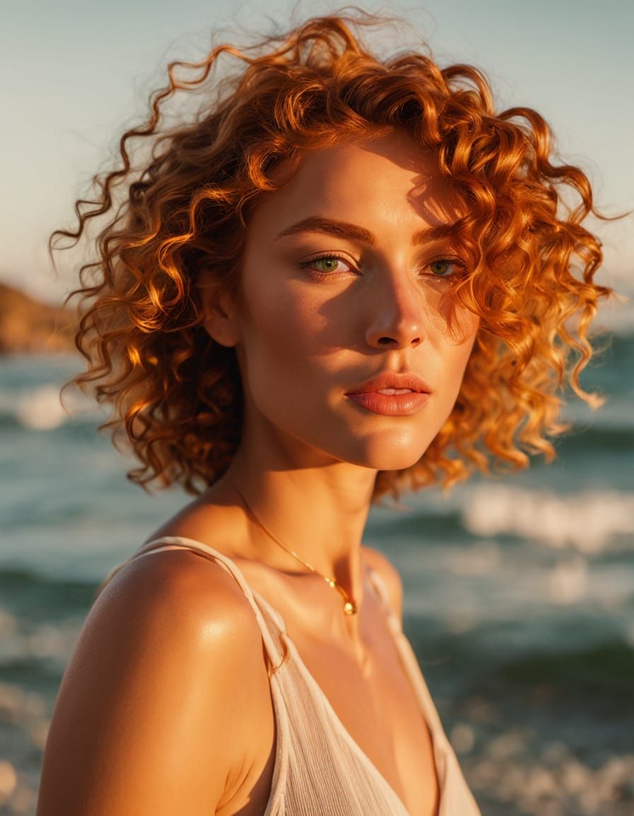 Redhead Woman Strolls on Sunny Beach: 4K Photography