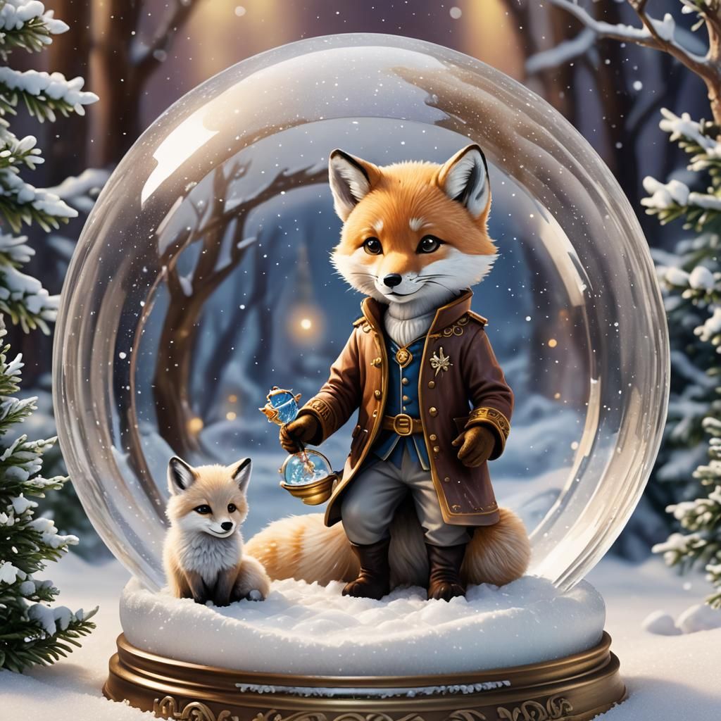 Whimsical Prince and Fox in Snow Globe: 3D Render