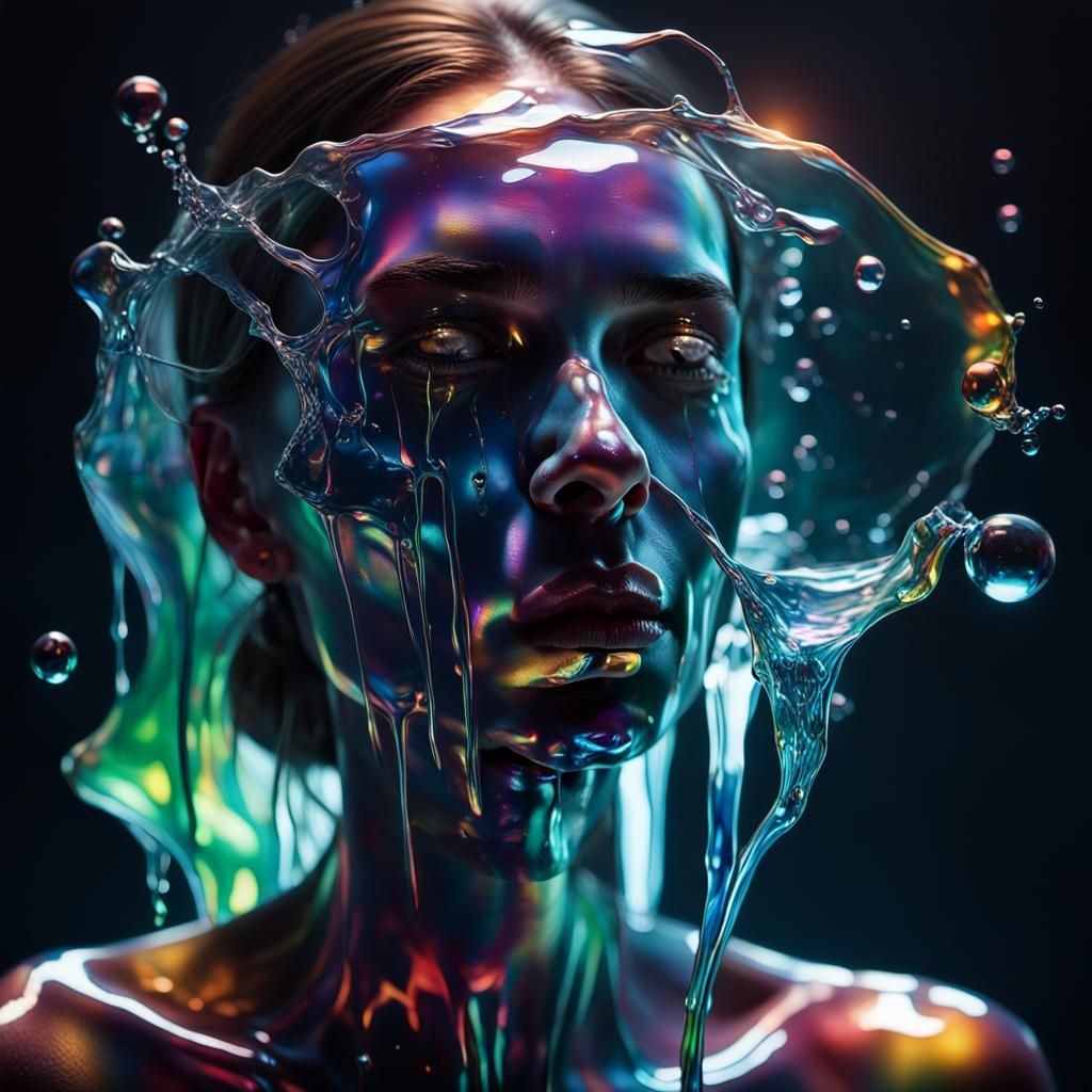 Melting Glass Woman: Surreal Portrait in Glassy Sheen