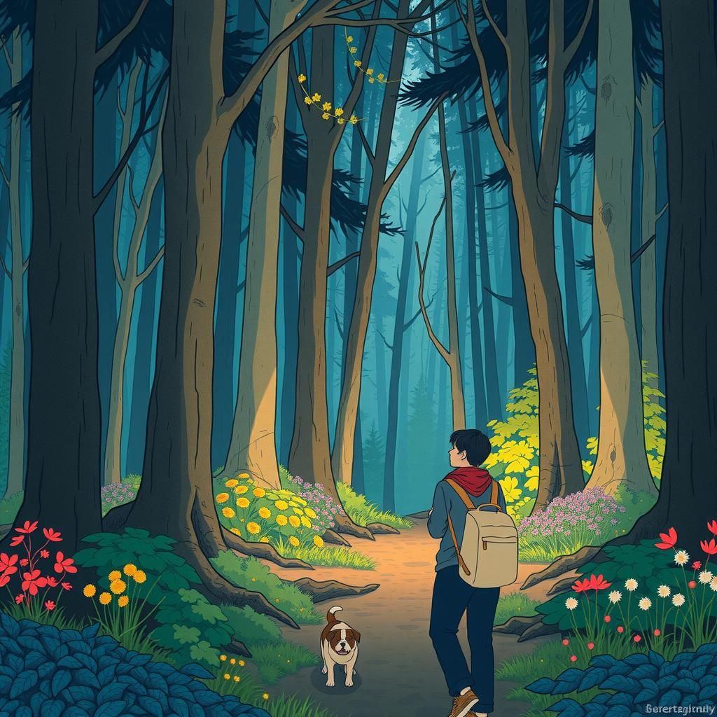 Man and Dog Walking in Woods, Storybook Illustration