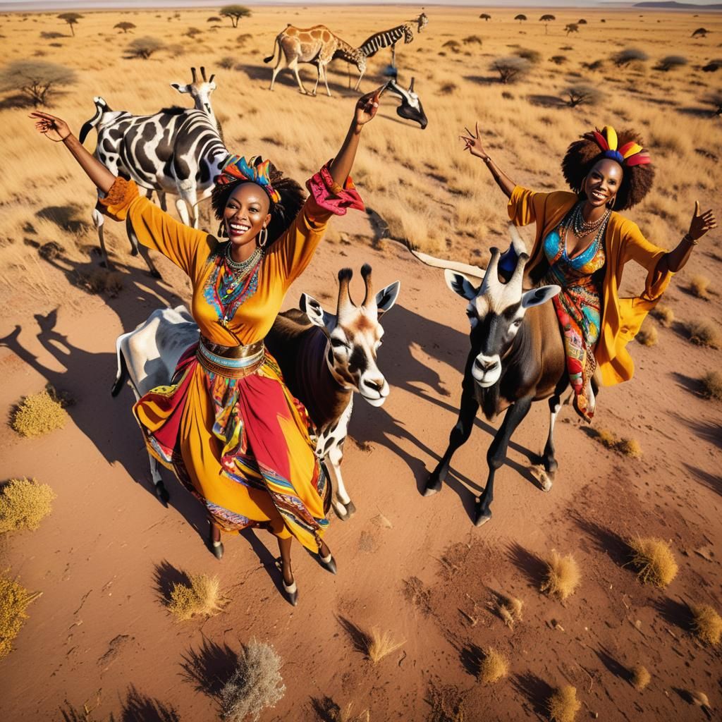 African Women Dancing with Wildlife in Golden Savannah