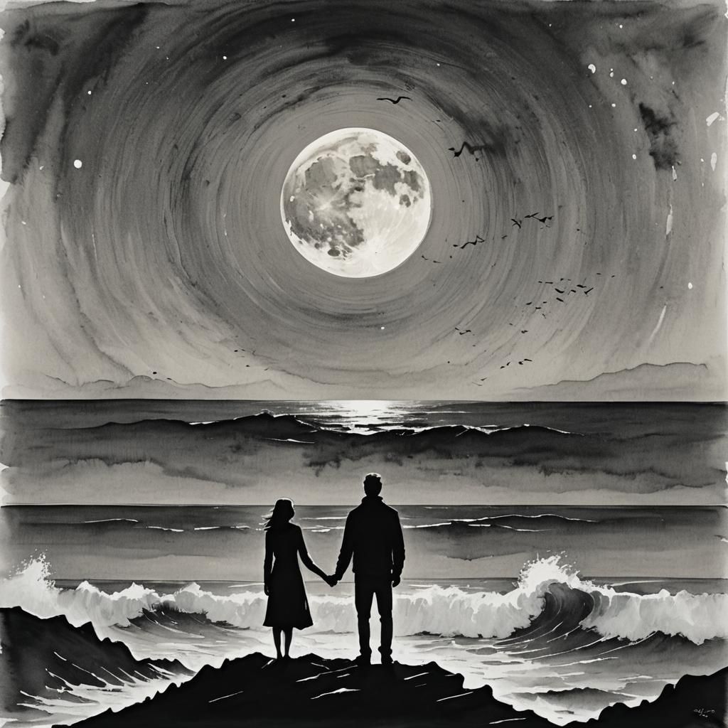 Minimalist Couple Silhouette Under Moonlight