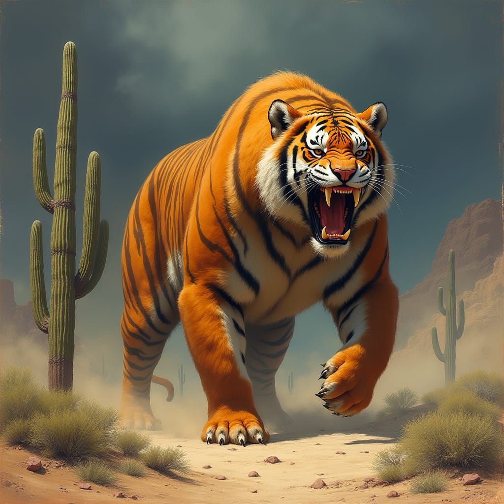 Tiger-Bear Hybrid Roaring in Desert Landscape