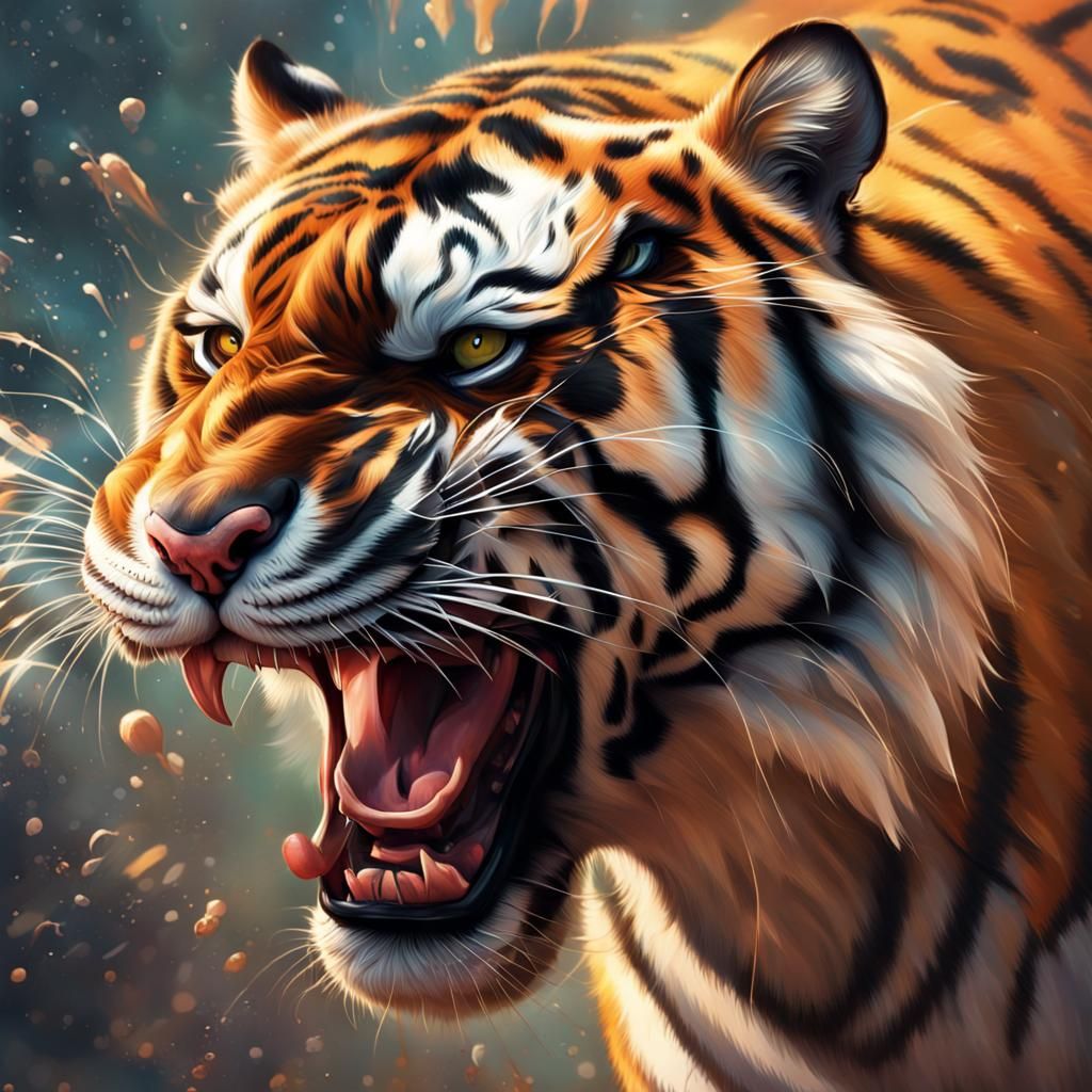 Roaring Tiger in Hyperrealistic Splash Art Style