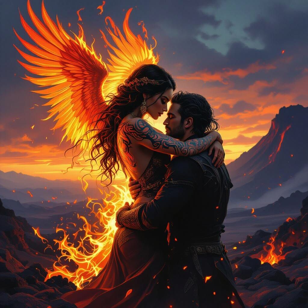 Phoenix Tattoo Woman Embracing Man in Flames