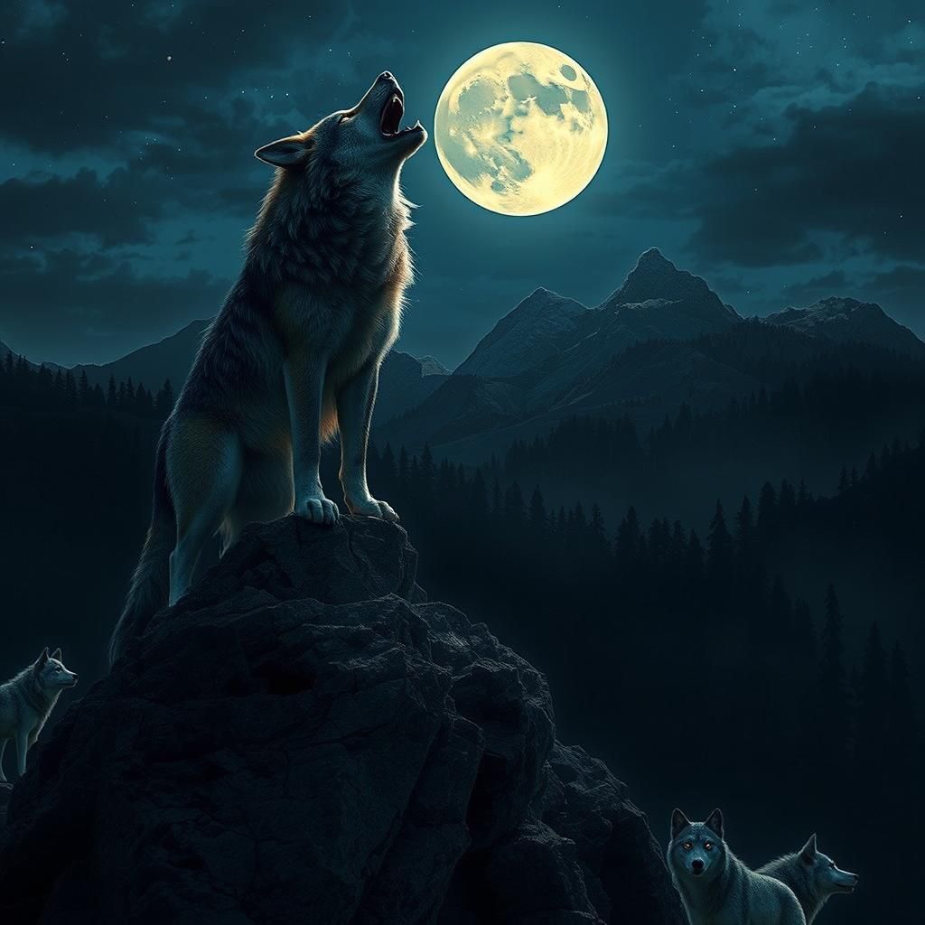 Wolf Howling at Moon in Dark Fantasy Style