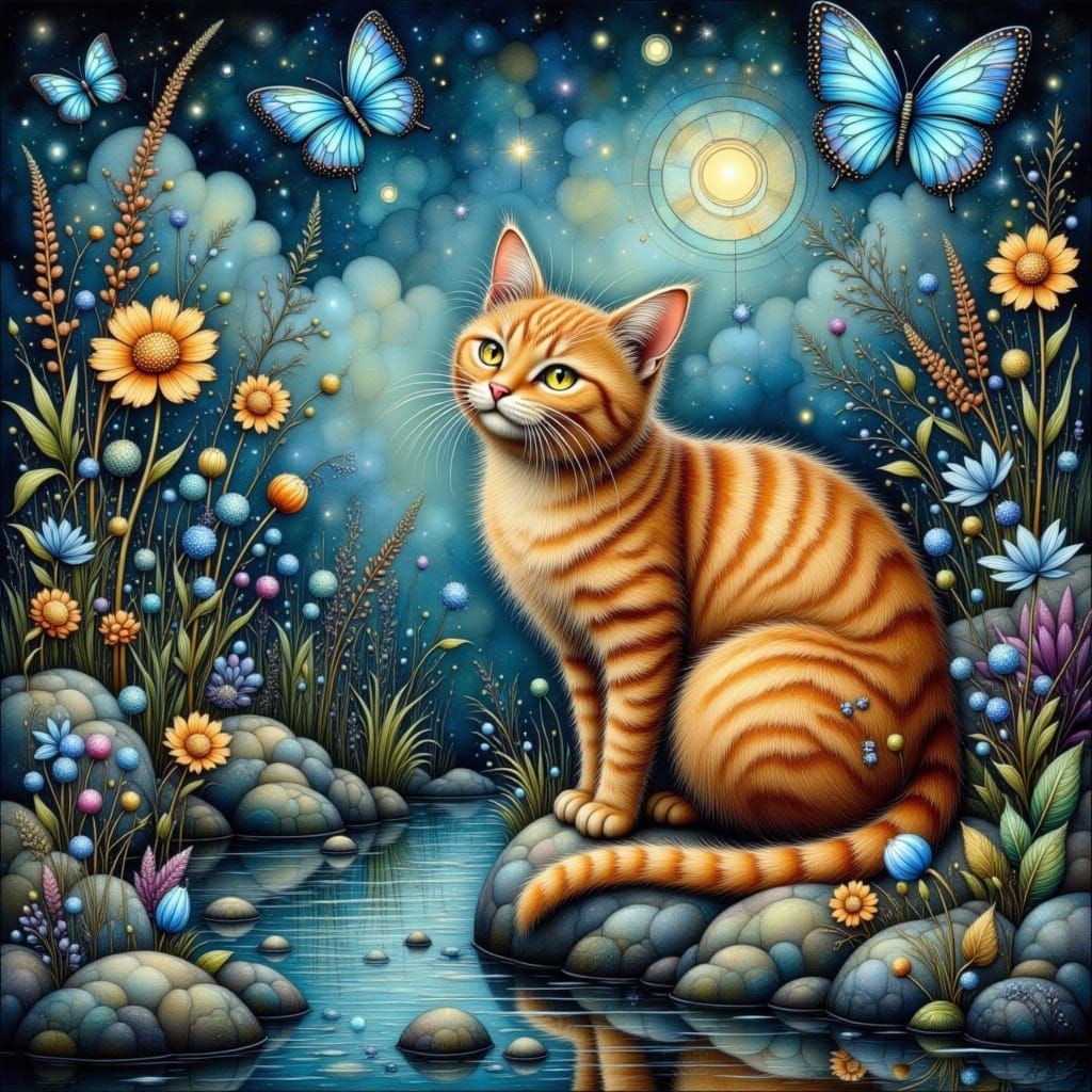 Surreal Orange Tabby Cat in Dreamscape Pond
