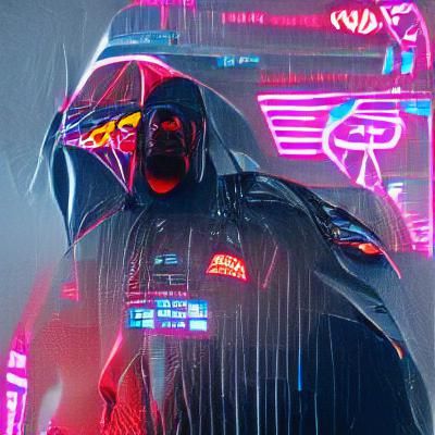 Cyberpunk Darth Vader in Neon Cityscape