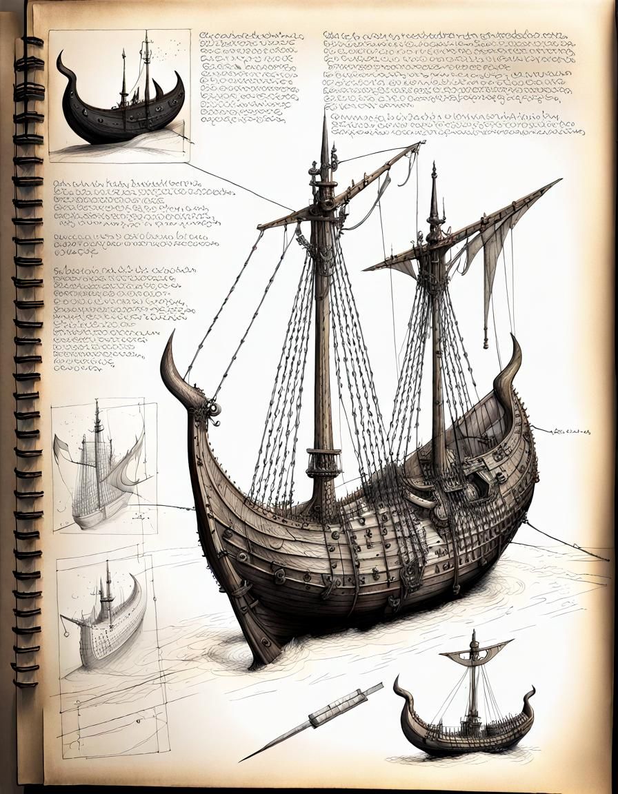 Viking Drakkar Ship Construction: Detailed Medieval Sketch