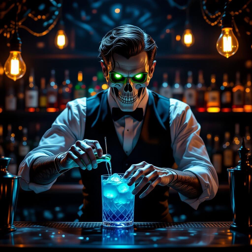 Skeletal Bartender Mixes Blue Cocktail in Dimly Lit Bar