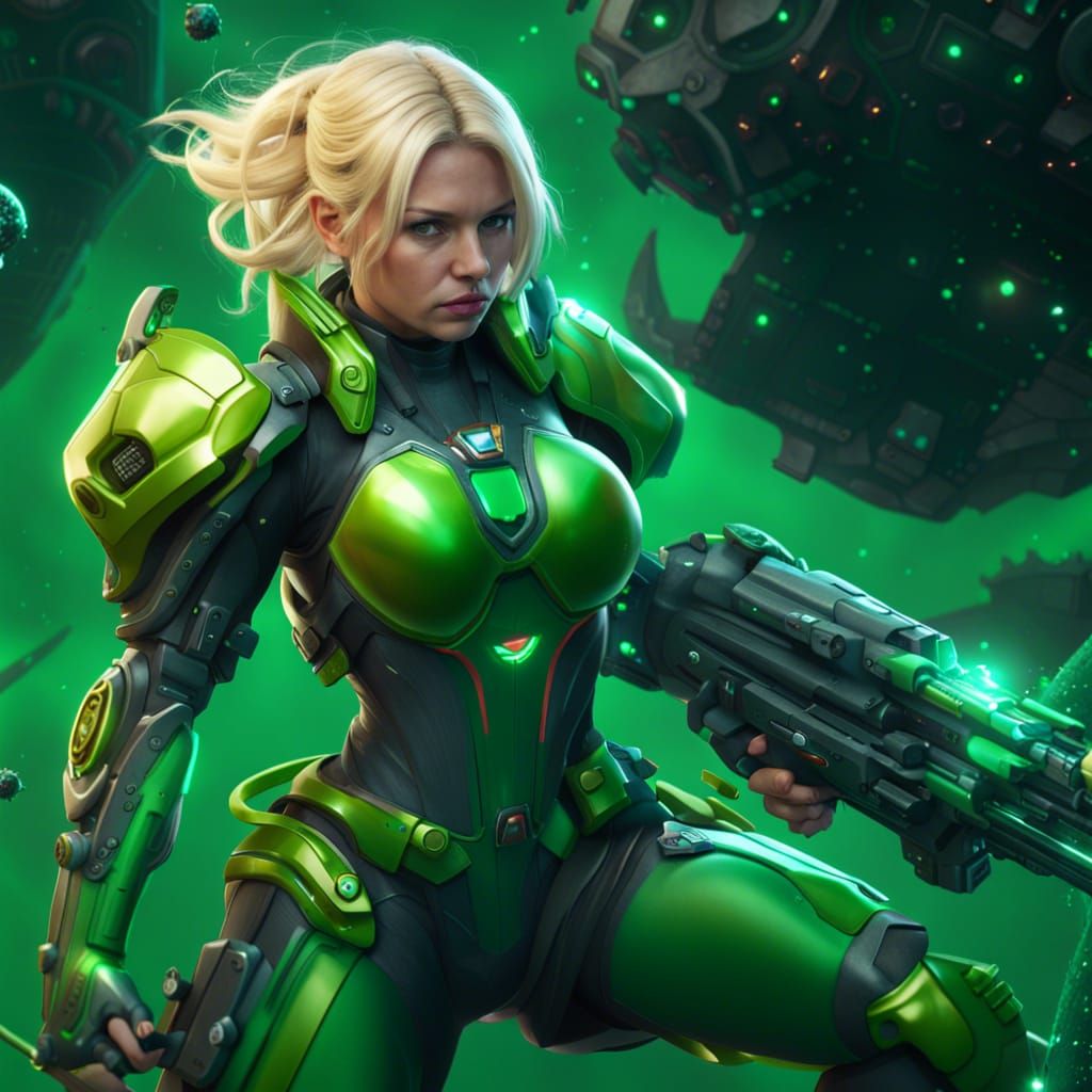 Blonde Girl with Space Weapon in Cyberpunk Style