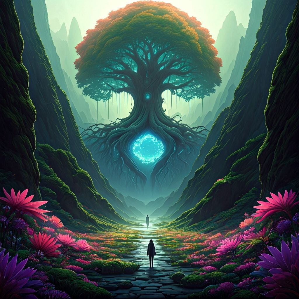 Ancient Tree with Glowing Portals in Misty Valley