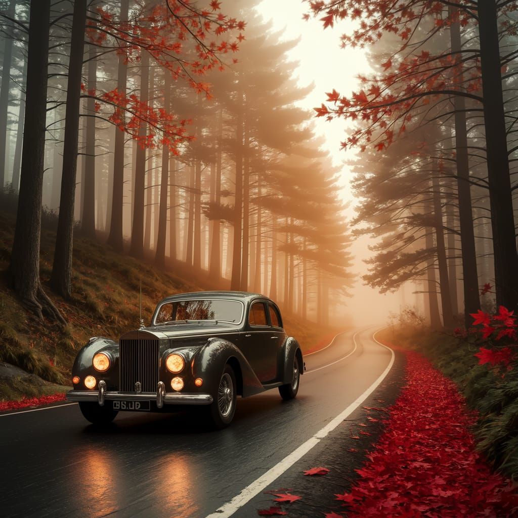 Vintage Car on Forest Road in Golden Light