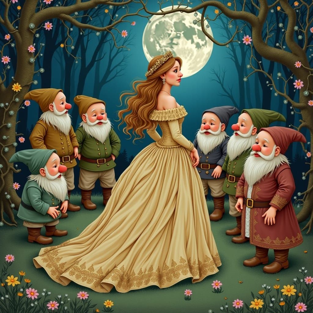 Sleeping Beauty with Dwarfs in Enchanted Forest