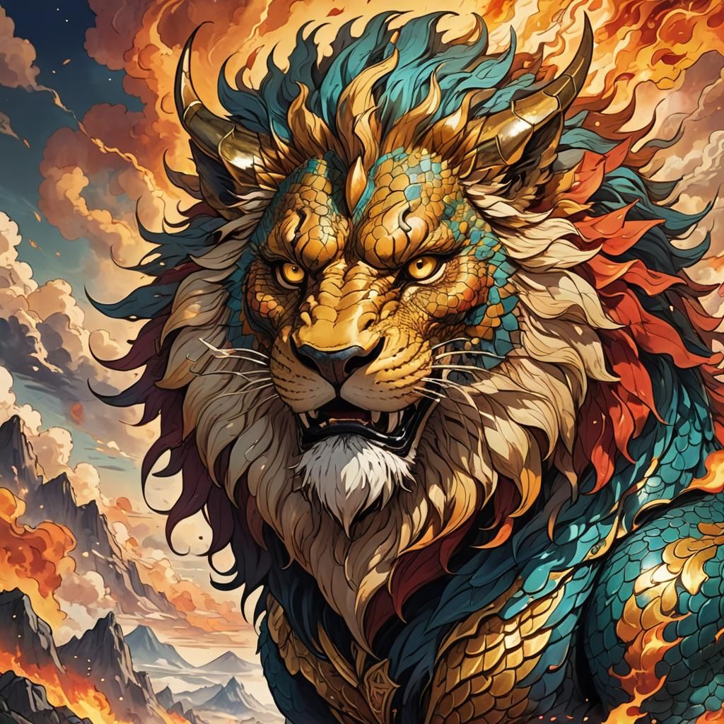 Majestic Dragon Lion in Anime Fantasy Landscape