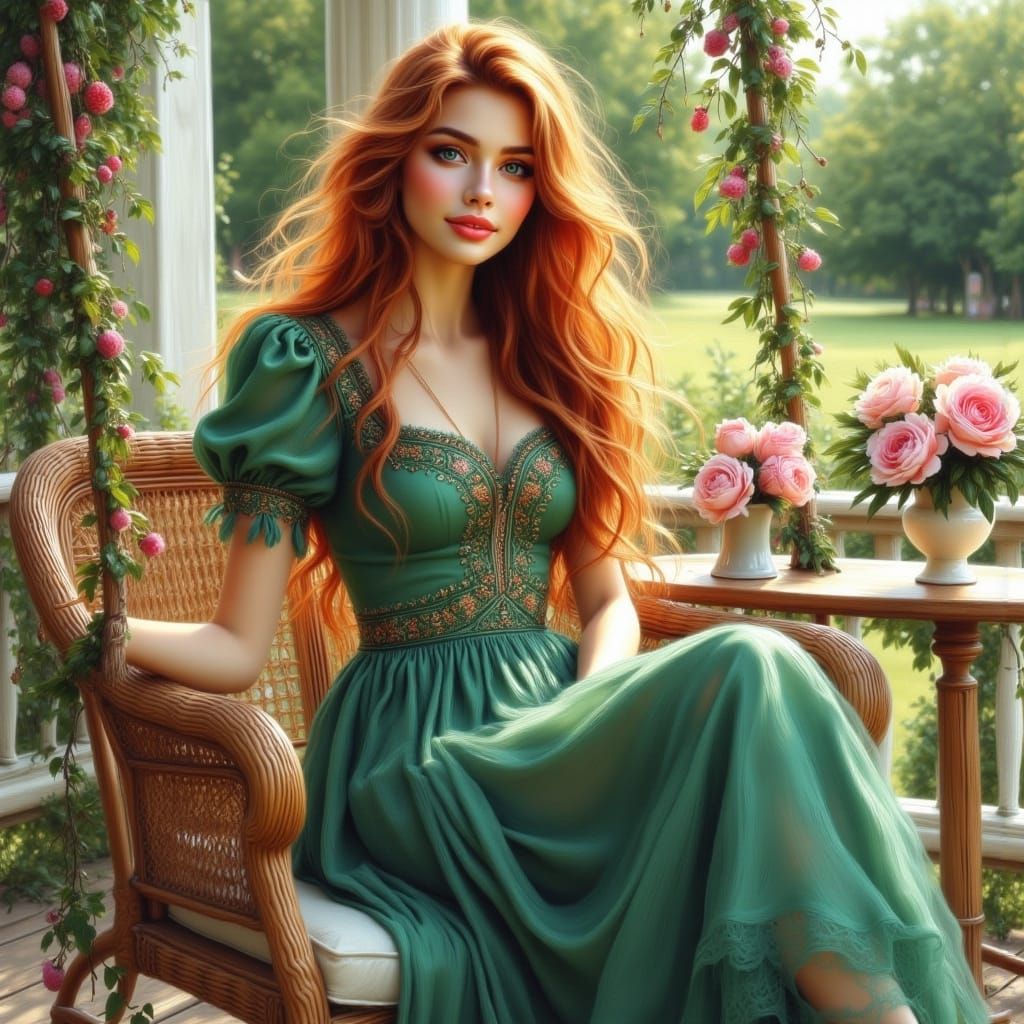 Woman in Emerald Dress on Porch Swing