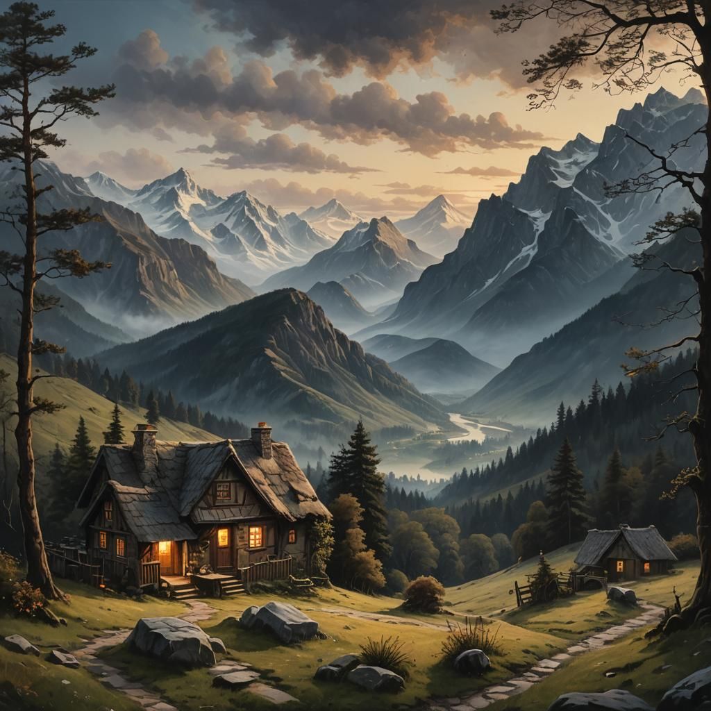 Serene Mountain Landscape at Dawn in Anime Style