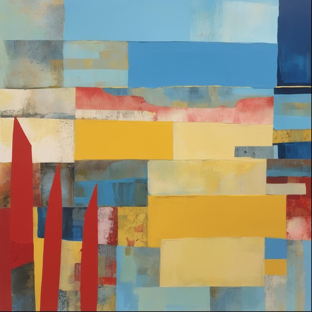 Abstract Landscape with Red Pickets, Collage Art