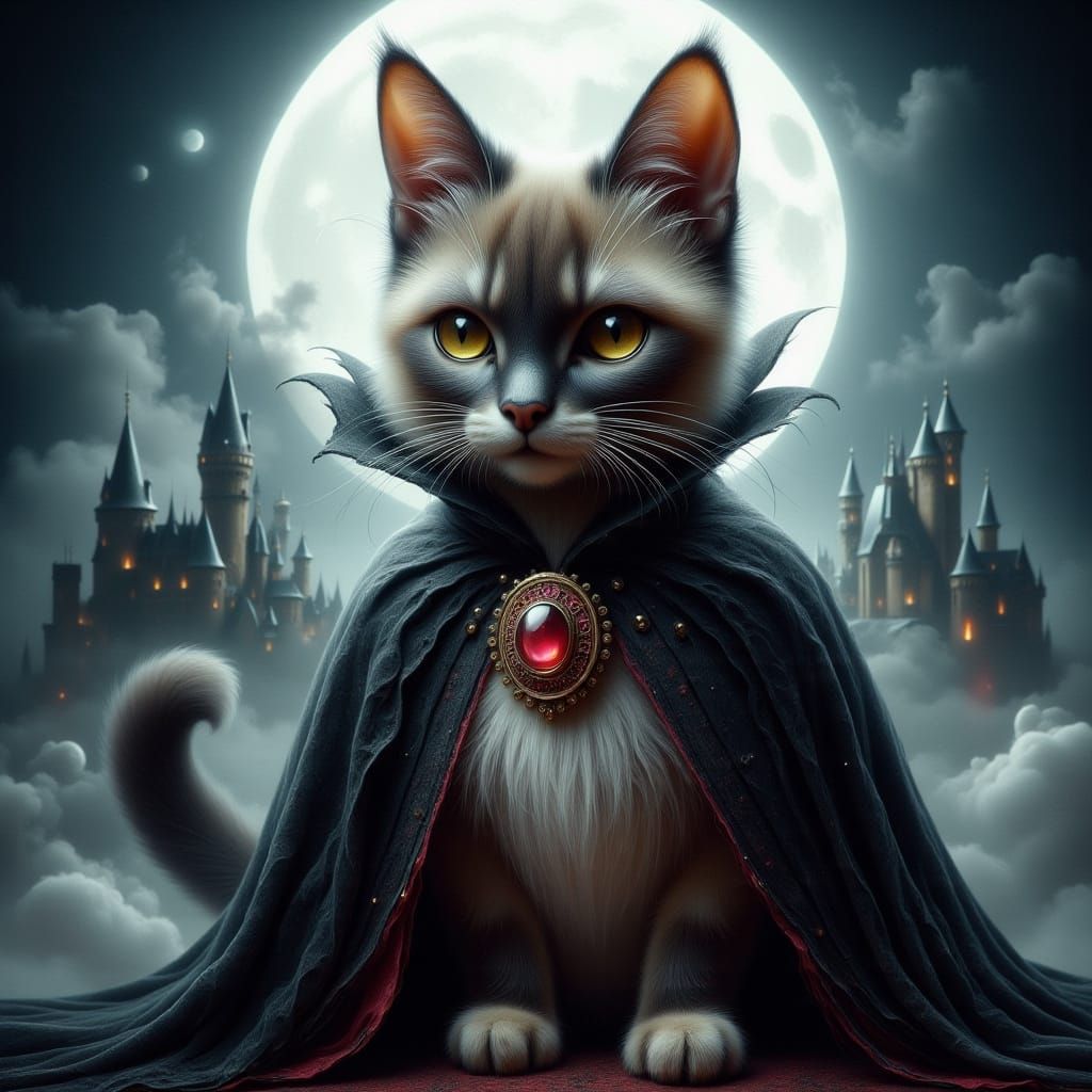 Regal Siamese Cat in Vampire Cape on Gothic Balcony