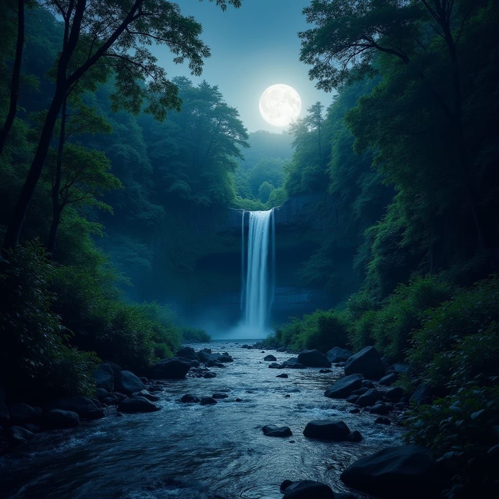Moonlit Waterfall in Lush Jungle